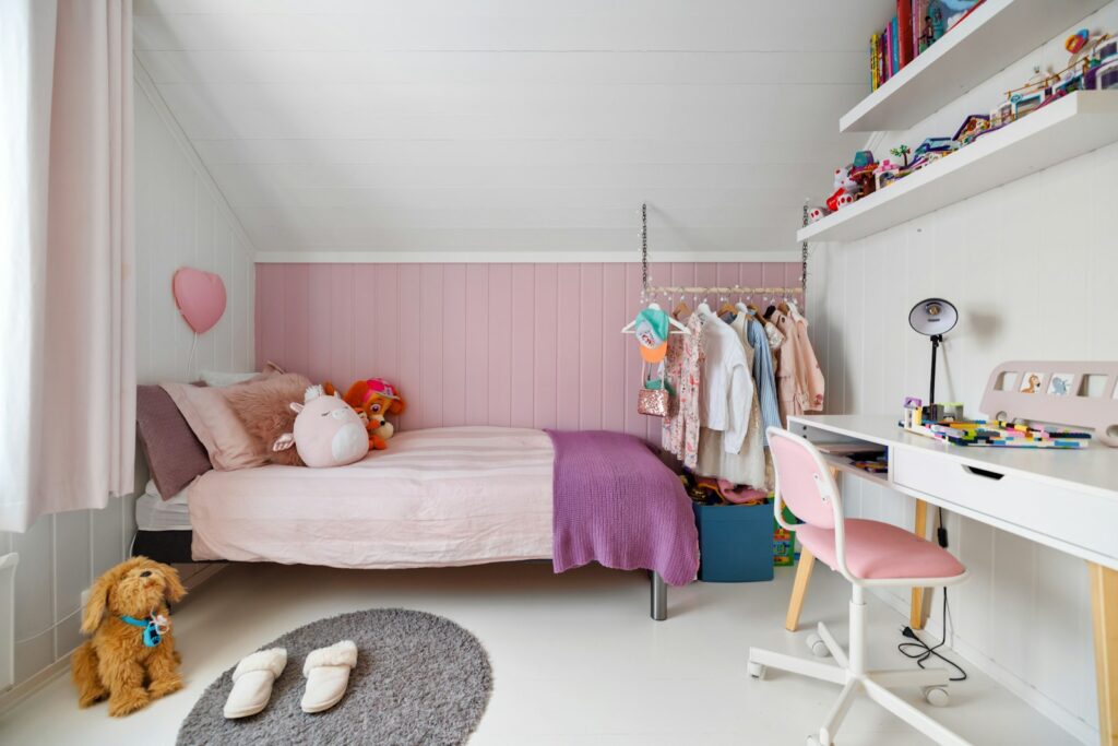 Child's bedroom with a bed, desk and chair, a flexible layout for changing interests